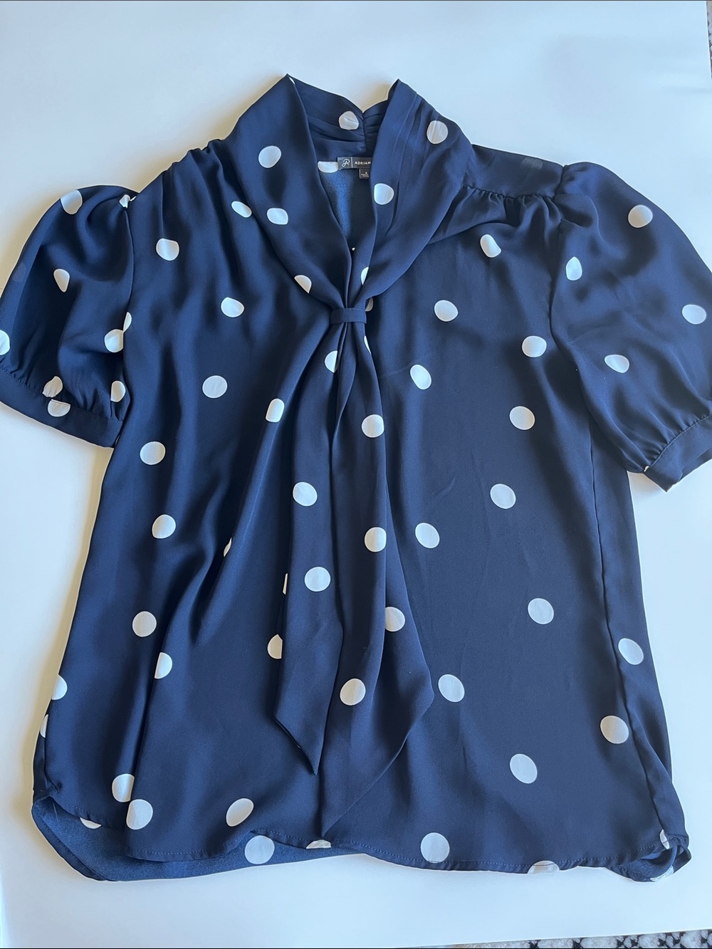 Adrianna Papell Navy and White Polka Dot Tie-Neck Blouse